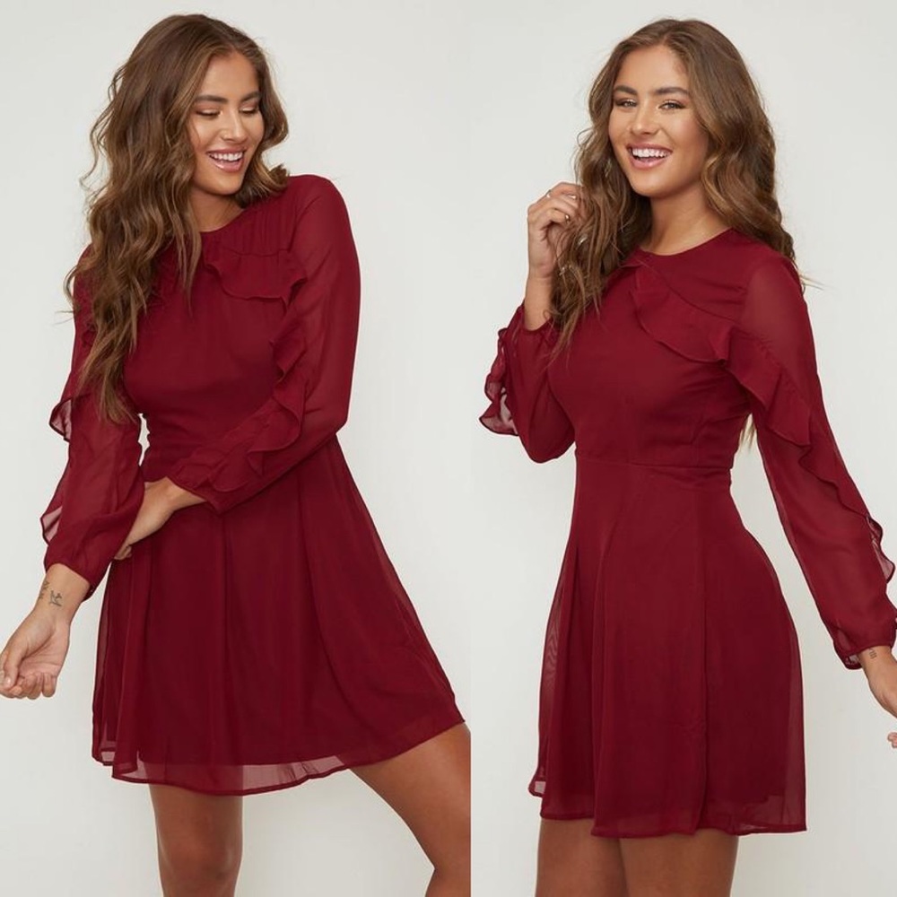 SALE! - Burgundy Woven Ruffle Dress